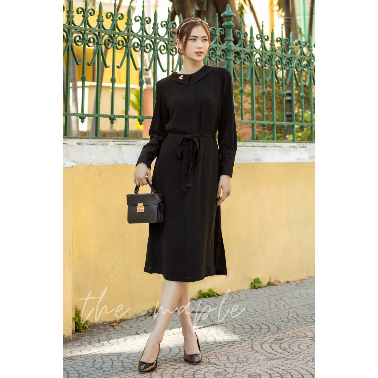 Đầm Linen form suông dài thắt eo Đen