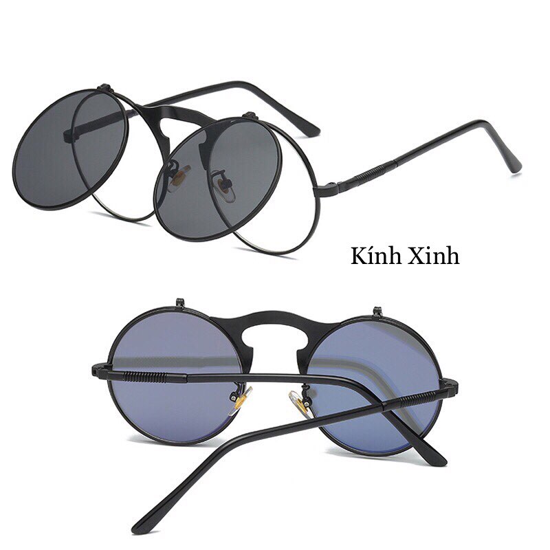 Kính Râm Nam Nữ Mắt Tròn Vintage Kim Loại 2 Tròng Mở Nắp 2in1