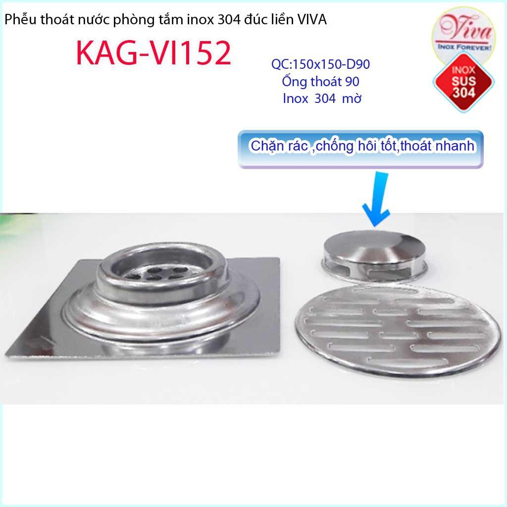 Thoát sàn Viva 15x15cm KAG-VI152 ống thoát 90mm, phễu thoát sàn inox 304 hố ga đúc dày thoát nhanh chống hôi tốt sử dụn