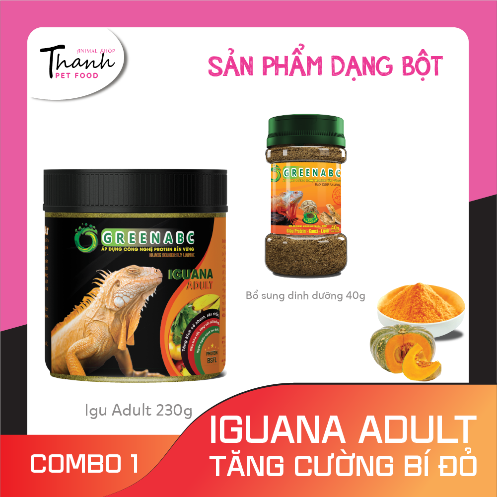 Thức ăn bò sát Iguana Trưởng Thành nhãn GREENABC vị bí đỏ dùng cho Iguana từ 1m trở lên – Gai bung, gù cao, dáng đẹp, lên màu tươi - Hộp 230g