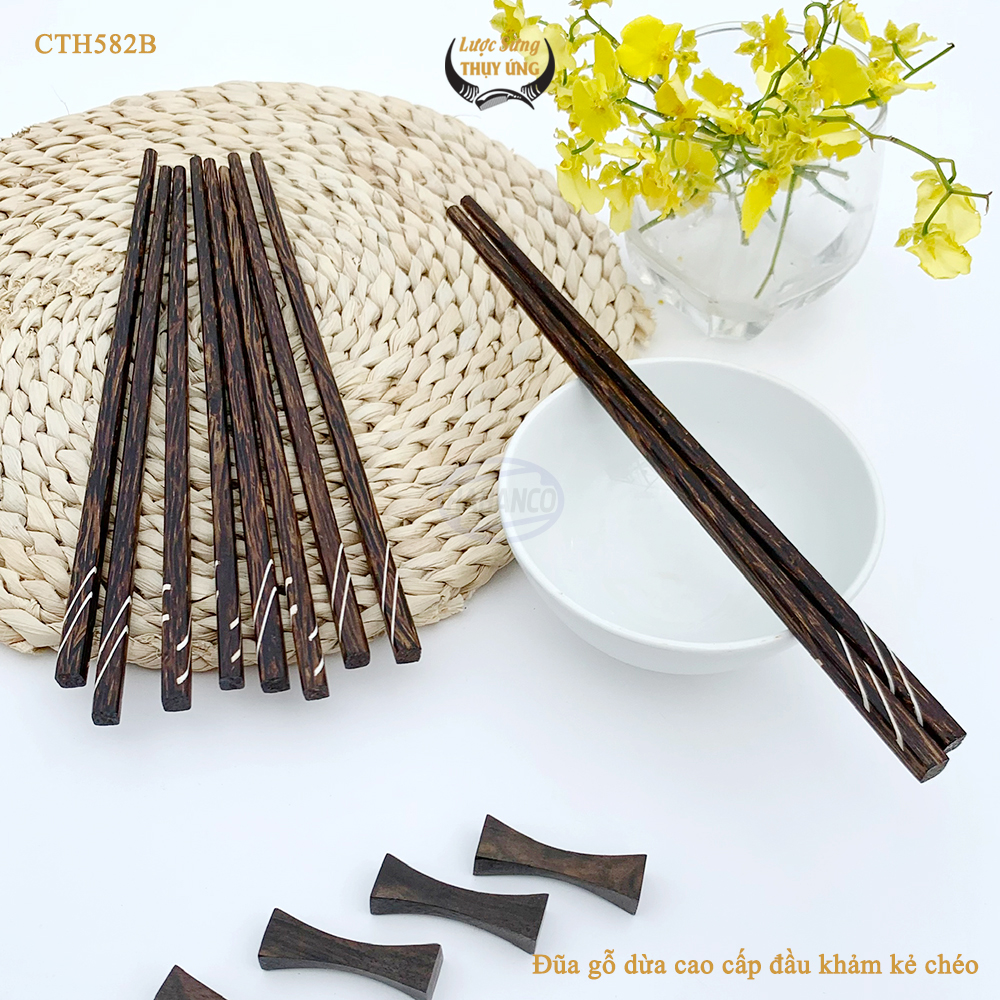 Đũa Gỗ Dừa Đen Khảm Kẻ Chéo HAHANCO An Toàn Đẹp Mắt Dùng Cho Quán Ăn Gia Đình - CTH582B