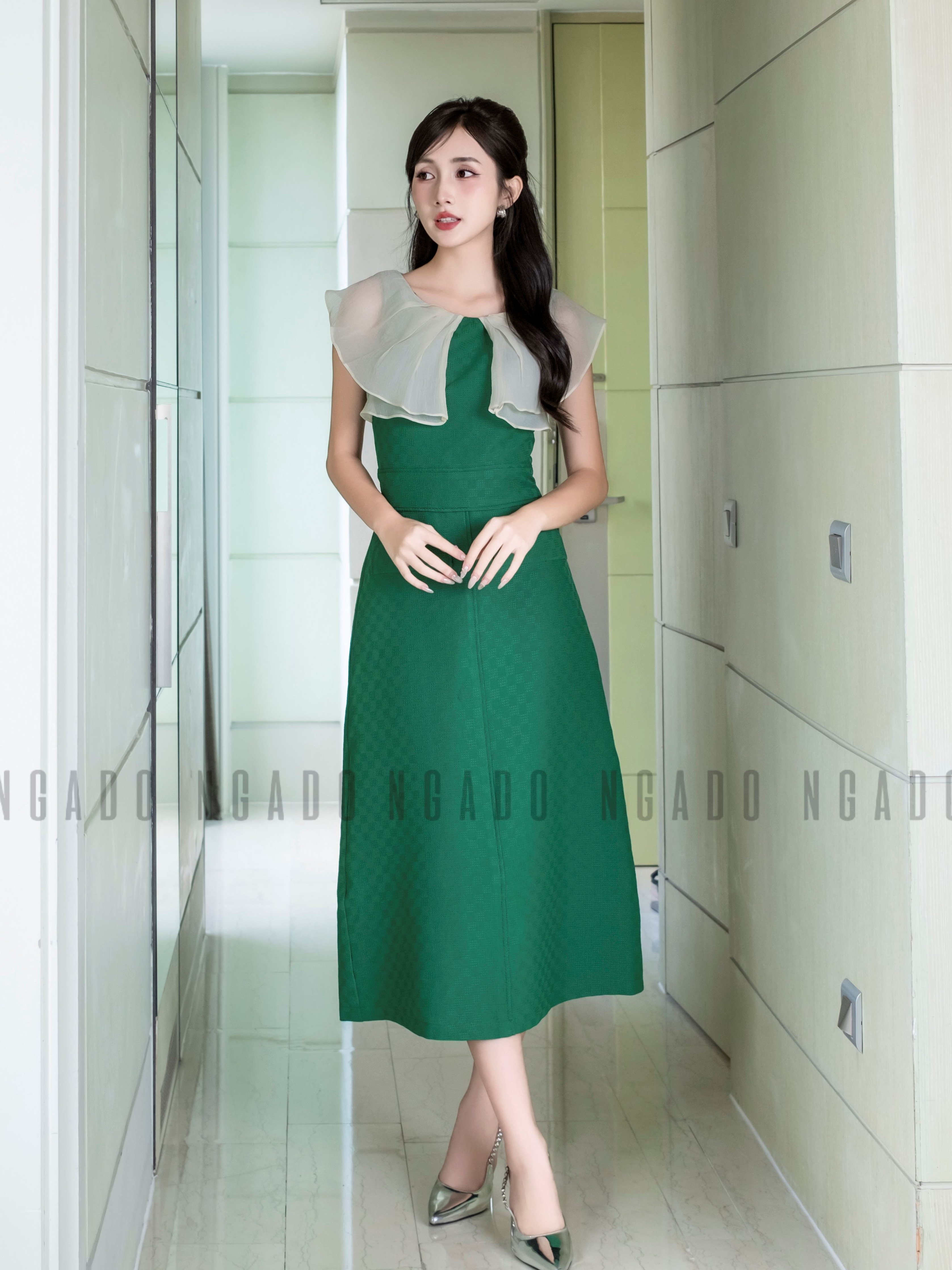 Đầm xanh phối voan kem NGADO , Đầm dự tiệc , Đầm dạo phố