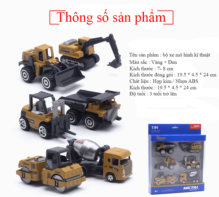 Xe công trình xây dựng bằng kim loại  KAVY gồm 6 xe chi tiết sắc sảo, an toàn cho bé, dùng làm đồ chơi trẻ em hoặc trang trí