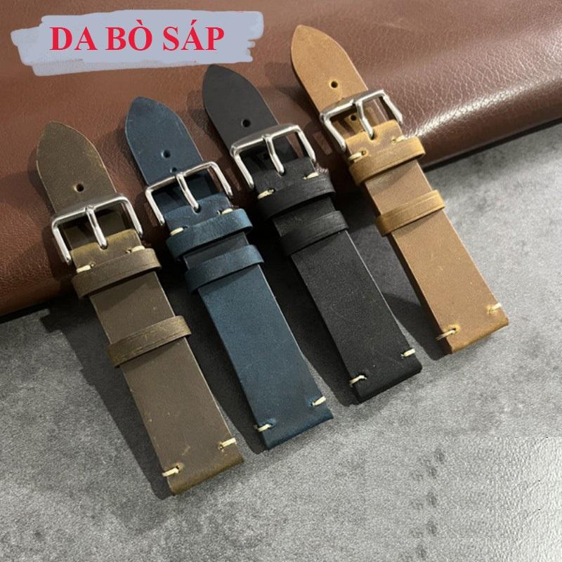 [Fullbox] Dây da đồng hồ nam nữ DA BÒ SÁP cao cấp BO-73 size 18 20 21 22 24mm - Nâu Nhạt Khóa Bạc