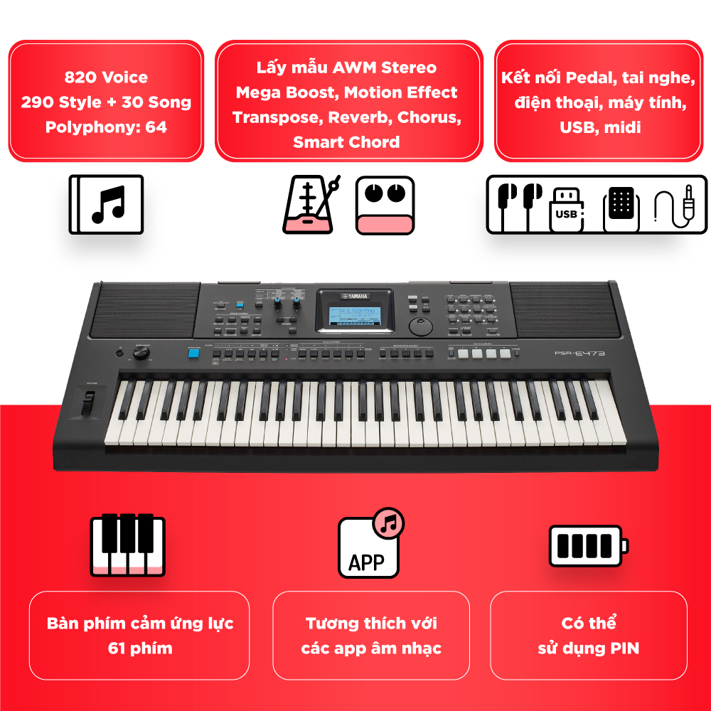 Đàn Organ điện tử/ Portable Keyboard - Yamaha PSR-E473 (PSR E473) - Màu đen - Hàng chính hãng