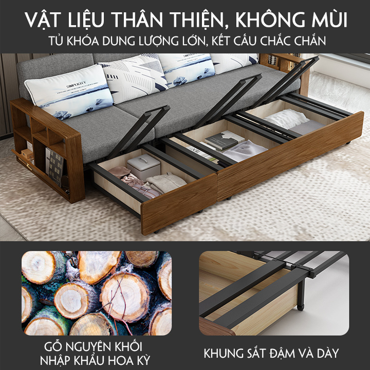 Giường Sofa Thông Minh, Tay Gỗ Sang Trọng , Khung Thép Thiết Kế Hiện Đại KT 1,58m x 1,92m