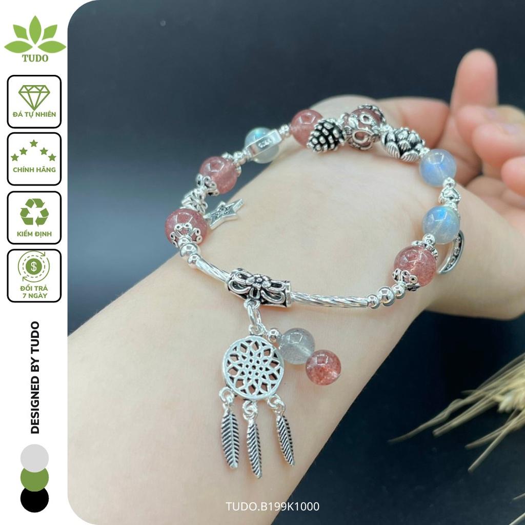Vòng Tay Nữ Đẹp - Vòng Phong Thủy Đa Mệnh TUDO B199K1000 VCBTADH VCBMOON hồng trắng, Charm bạc Dreamcatcher, Sen, Trăng