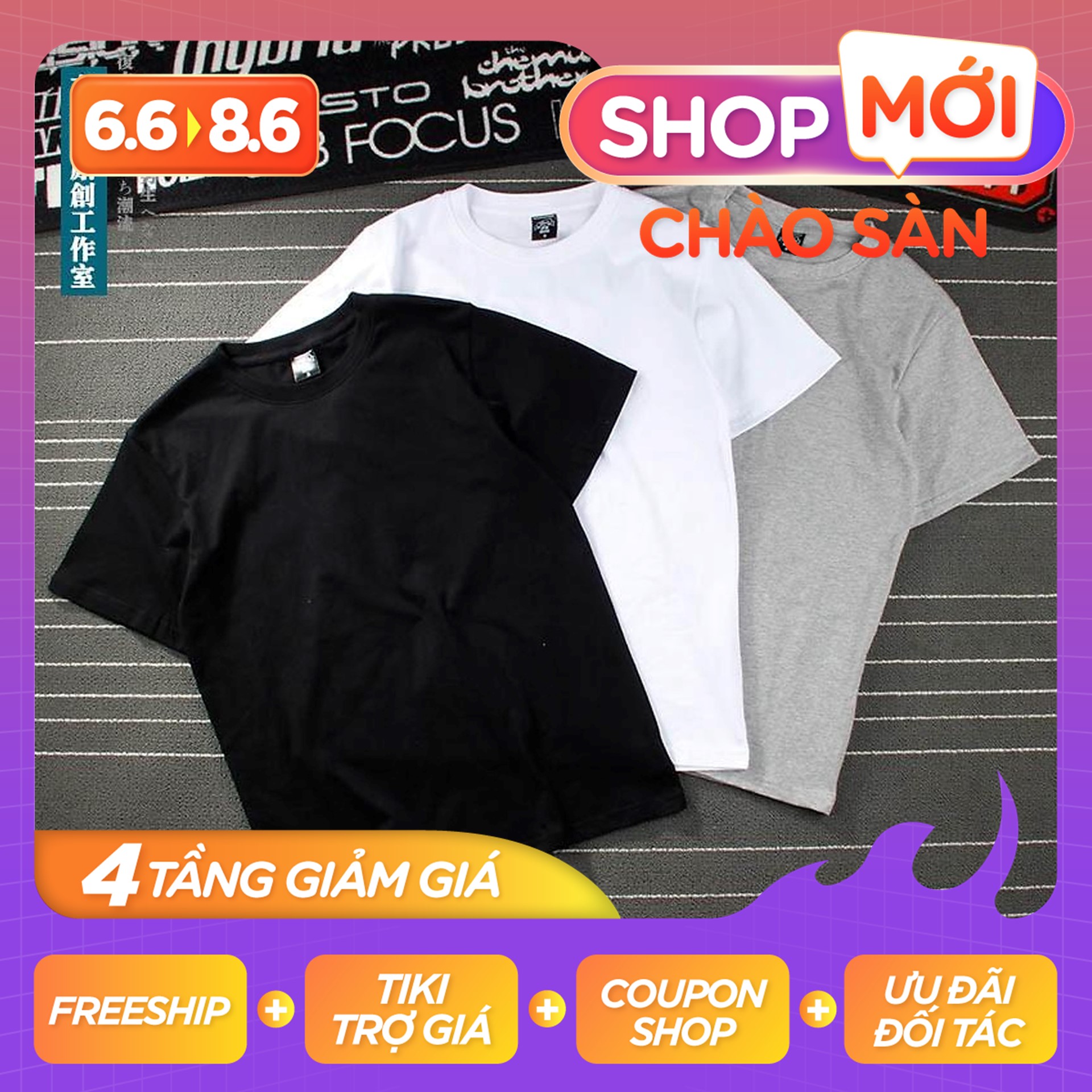 Combo 3 Áo Thun Trơn Nam  Màu Trắng Đen Xám