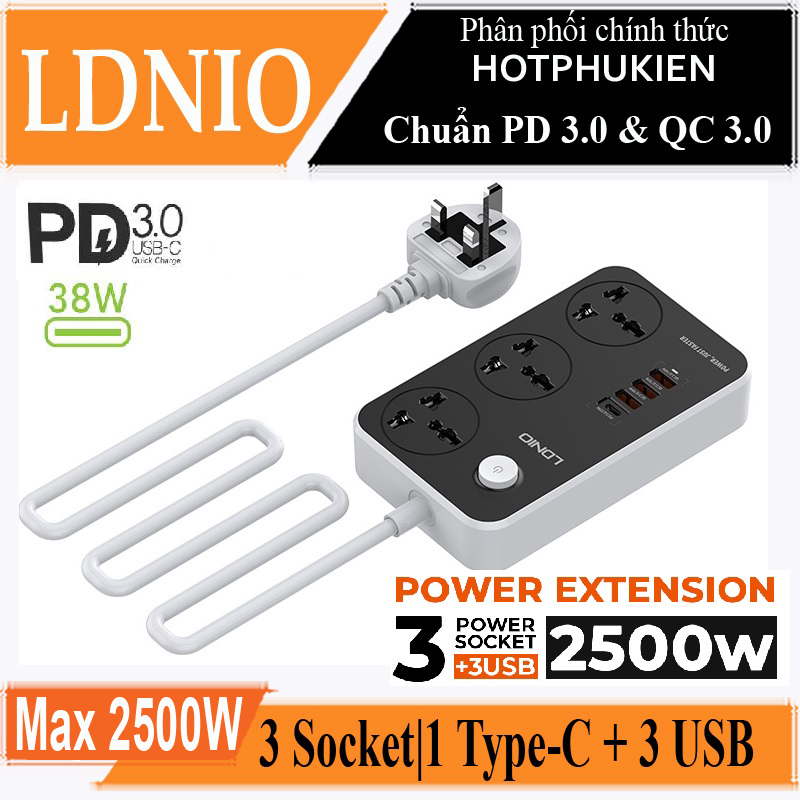 Ổ cắm điện đa năng 7 in 1 hỗ trợ sạc nhanh 38W PD 20W tổng công suất 2500W ra 3 ổ cắm 3 chân, 1 PD Type C 20W và 3 USB QC 3.0 18W hiệu LDNIO SC3412