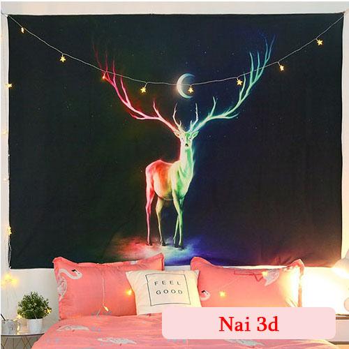 [ĐẸP - SẴN] Thảm treo tường trang trí, Decor phòng hình nai sừng tấm (150x130cm, TẶNG móc treo) + dây dèn led 8m