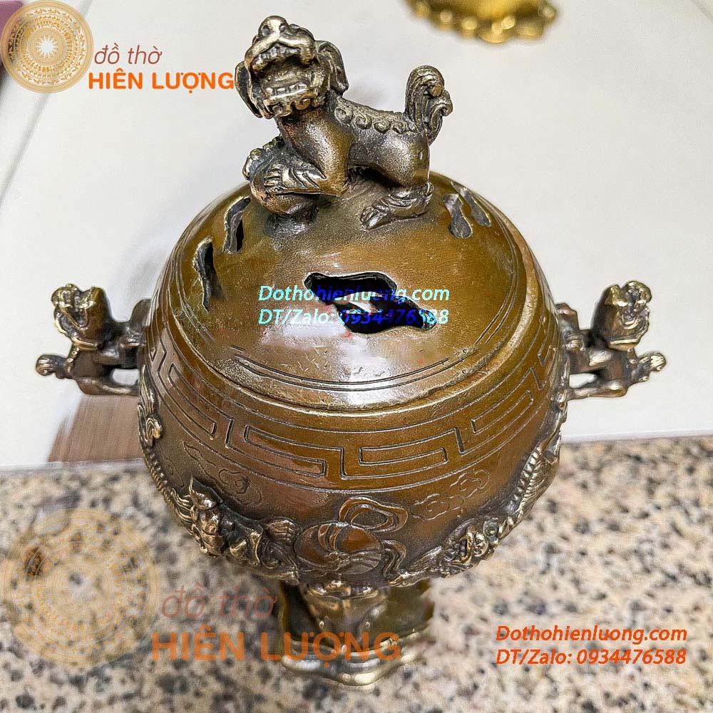 Lư Xông Trầm Nghê Vờn Cầu Bằng Đồng Hun Màu Nâu Giả Cổ Kích Thước 17x20cm, Nặng 1Kg Đẹp Tinh Xảo