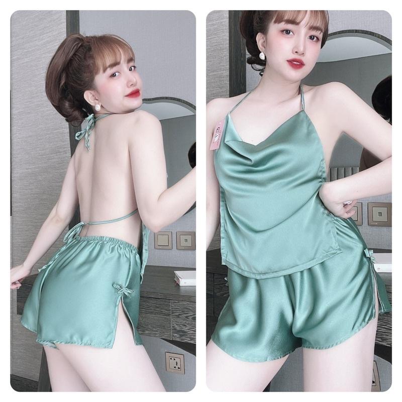 Đồ Ngủ Lụa 2 Dây Sexy Nữ, Bộ Ngủ Nữ lụa satin yếm cổ đổ, Freesize 40_58kg, tuỳ chiều cao