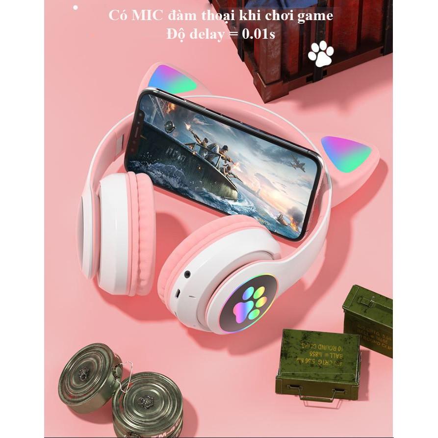 Tai nghe bluetooth chụp tai cute dễ thương, Headphone có đèn led 7 màu nhấp nháy, Tai mèo có thể tắt đèn