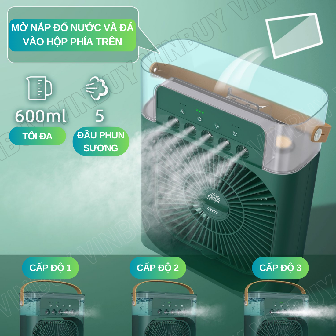 Quạt điều hòa hơi nước mini làm mát không khí để bàn nhỏ gọn, phun sương mạnh nhiều chế độ có bình đựng nước, nốt chạm cảm ứng, pin sạc tích điện, có đèn - Hàng chính hãng VinBuy