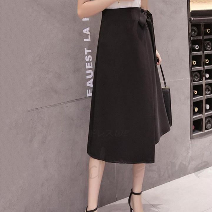 Chân váy công sở chữ A, Dáng dài, thân trước tà đắp đính nơ duyên dáng, độ dài 62cm vải kaki thun co giãn thoáng mát