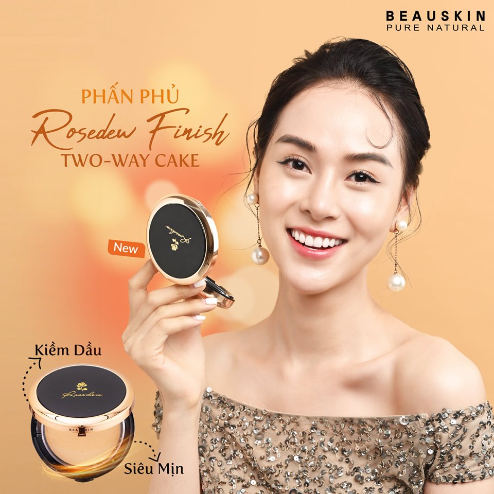 Phấn phủ kiềm dầu siêu mịn Beauskin Rosedew Finish Two Way Cake Hàn Quốc 12g tặng kèm thêm móc khóa