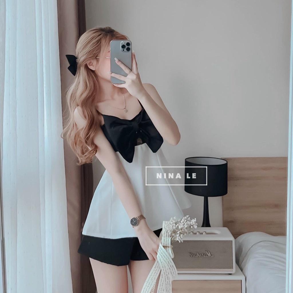 Sét bộ đùi áo 2 dây phối quần ống rộng áo phối nơ bản lớn thích hợp phong cách mùa hè mẫu có 1 màu như hình