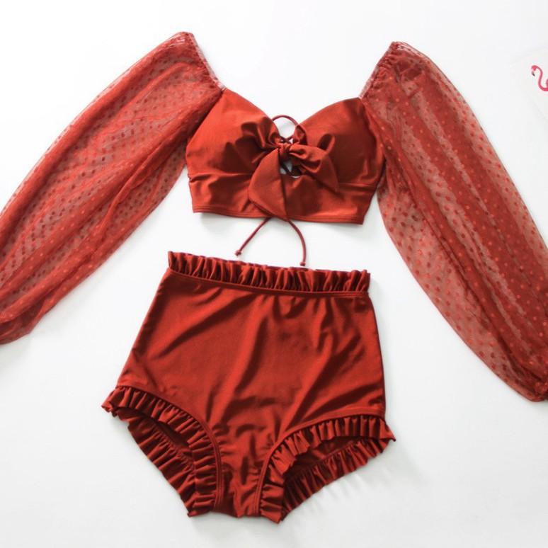 Freeship Bộ bikini đi biển cao cấp trễ vai tay ren