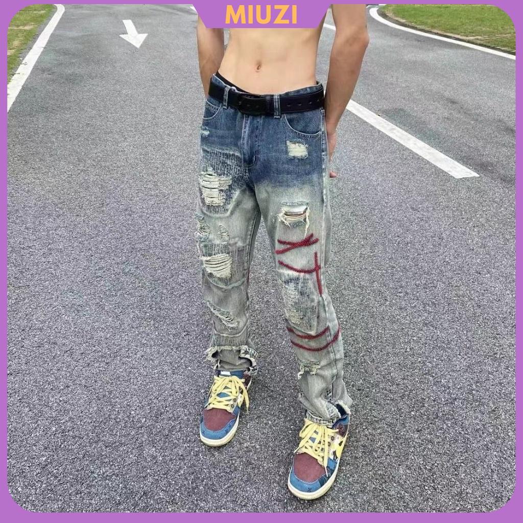 Quần jean nam nữ Unisex rách gối họa tiết thêu phong các đường phố,quần Miuzi DT115