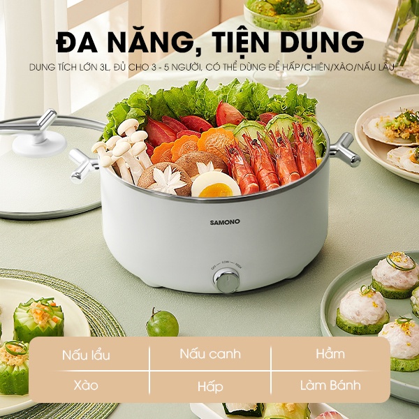 Nồi lẩu điện đa năng SAMONO SW-DG02 3 lít kèm xửng hấp chiên xào hấp nấu lẩu tiện dụng - Hàng chính hãng