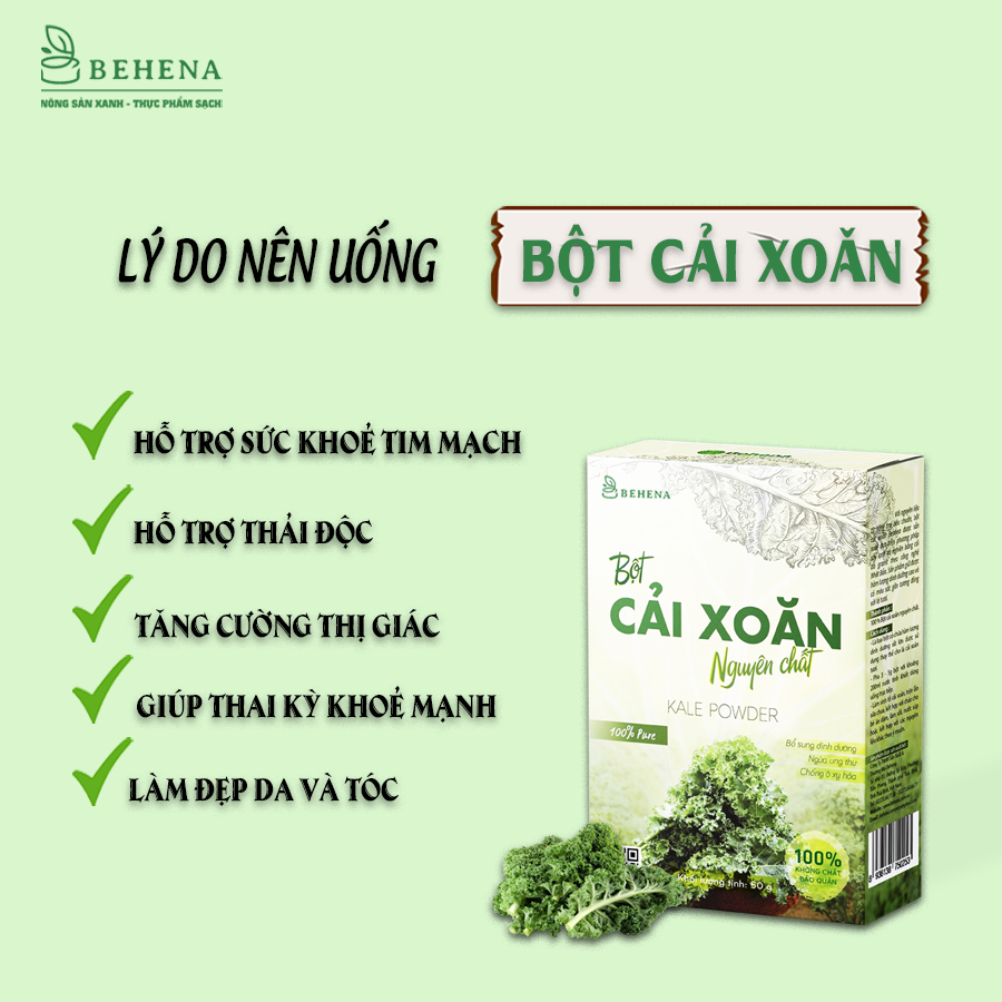 Bột rau cải xoăn kale Behena hữu cơ sấy lạnh nguyên chất cho bé ăn dặm hộp 50g