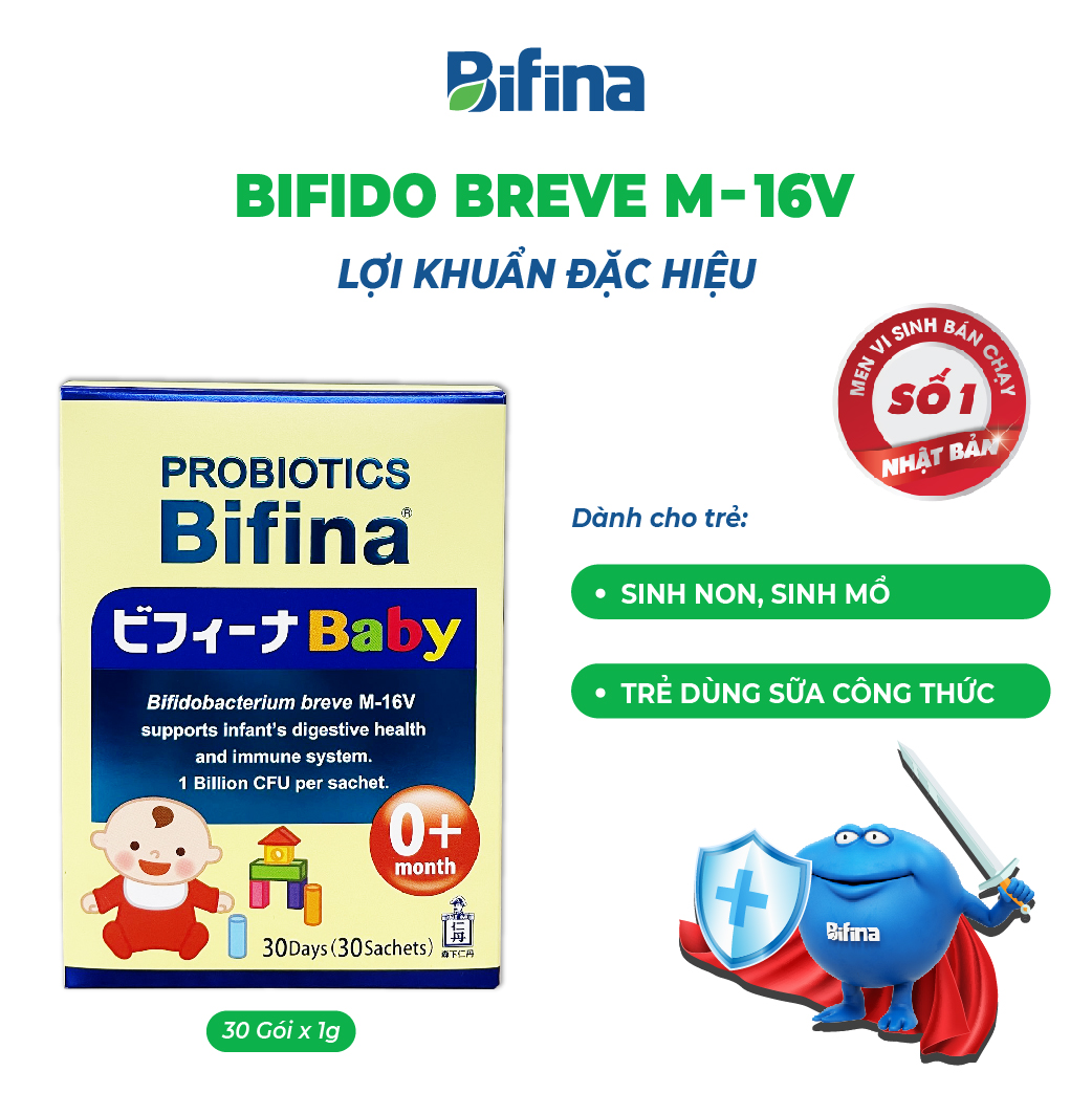 Phòng ngừa biến chứng cho trẻ sinh non và mổ, dùng sữa công thức -Men vi sinh cho bé Bifina Baby Nhật Bản- Hộp 30 gói 