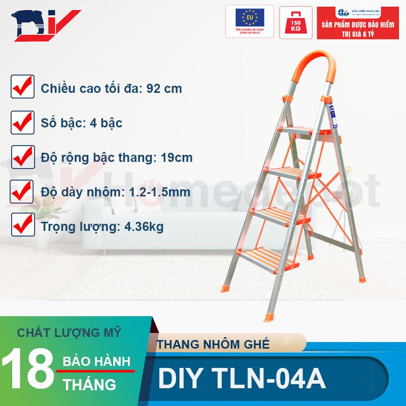 Thang nhôm ghế 4 bậc DIY TLN-04A bản bậc rộng, chiều cao sử dụng tối đa 92cm