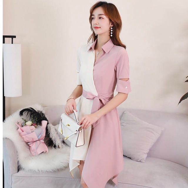 Đầm váy sơ mi Hồng Vạt Chéo Phối Trắng