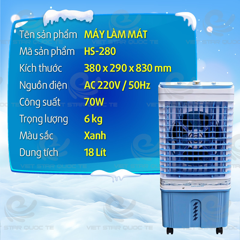 [ TẶNG KÈM 2 ĐÁ KHÔ ] Quạt Hơi Nước Việt Star Quốc Tế HS-280 Giúp Làm Mát Cực Nhanh, Nhỏ Gọn, Dung Tích 18L, Tiết Kiệm Điện - Hàng Chính Hãng