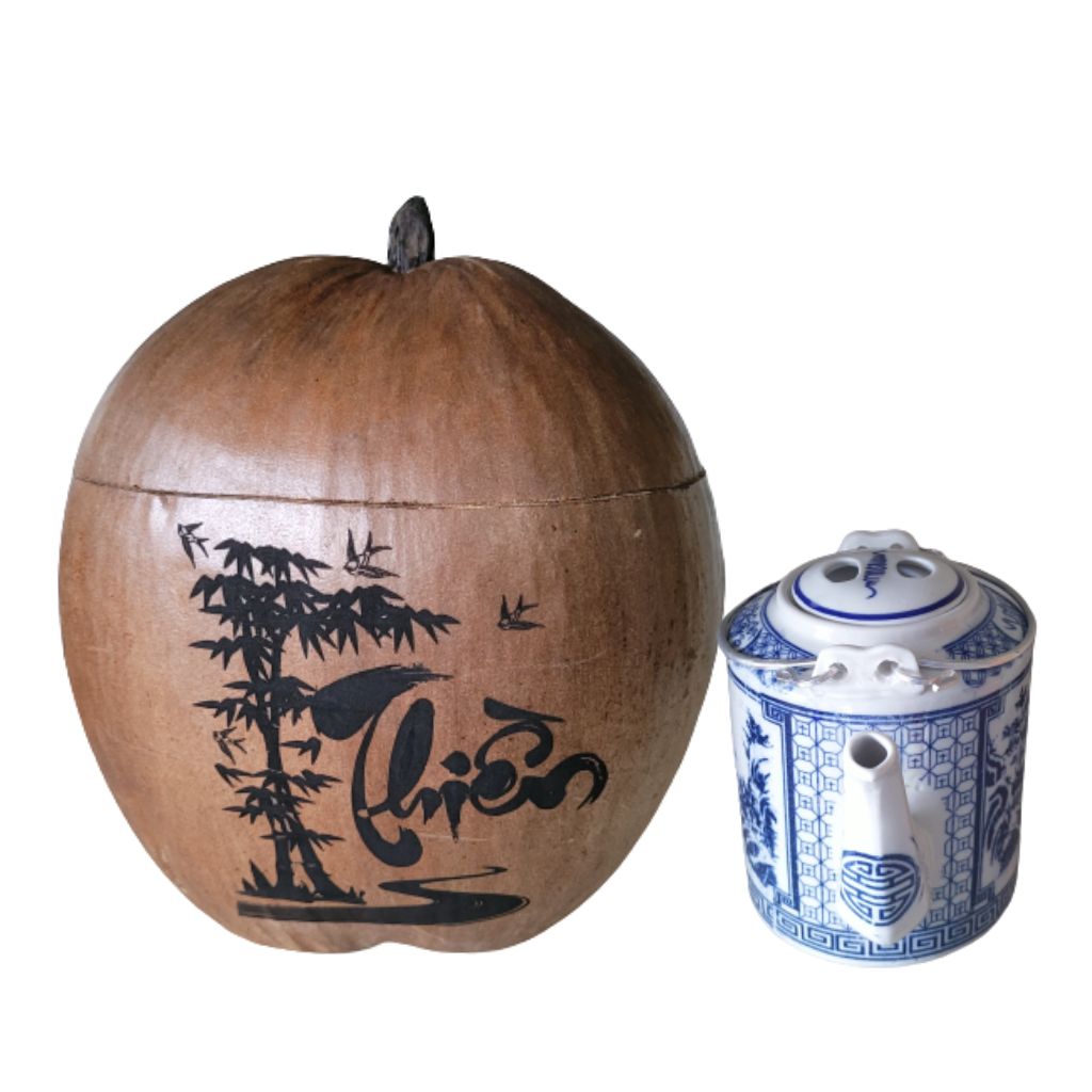 Bình Giữ Ấm Trà Trái Dừa Hoa Văn Lồng Chữ Thiền Và Bình Trà 400 - 950ml - Sản Phẩm Được Sản Xuất Tại Bến Tre