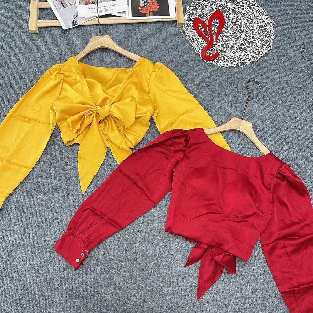 Áo Kiểu Nữ Cột Nơ Sau YURITA Tay Dài Chất Lụa Form Croptop Dễ Thương Phong Cách Hàn Quốc Đủ Màu Dễ Phối Đồ