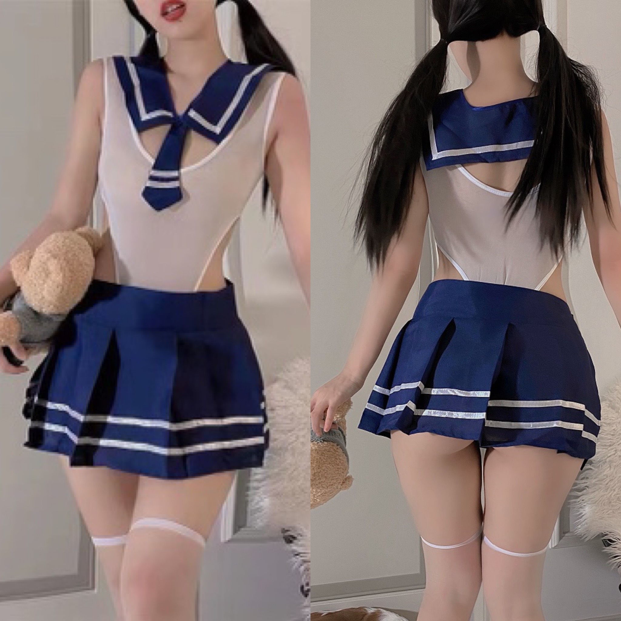 Đồ ngủ Cosplay học sinh cà vạt áo khoét bụng chân váy quần lọt khe sexy