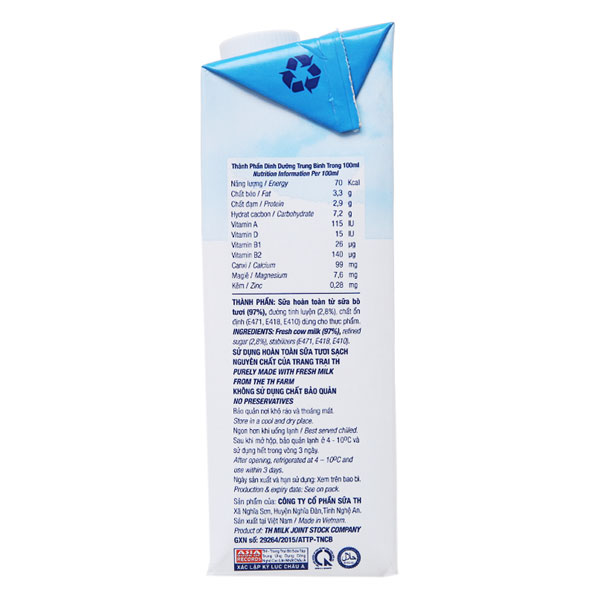 Sữa TH True Milk không đường hộp 1 lít
