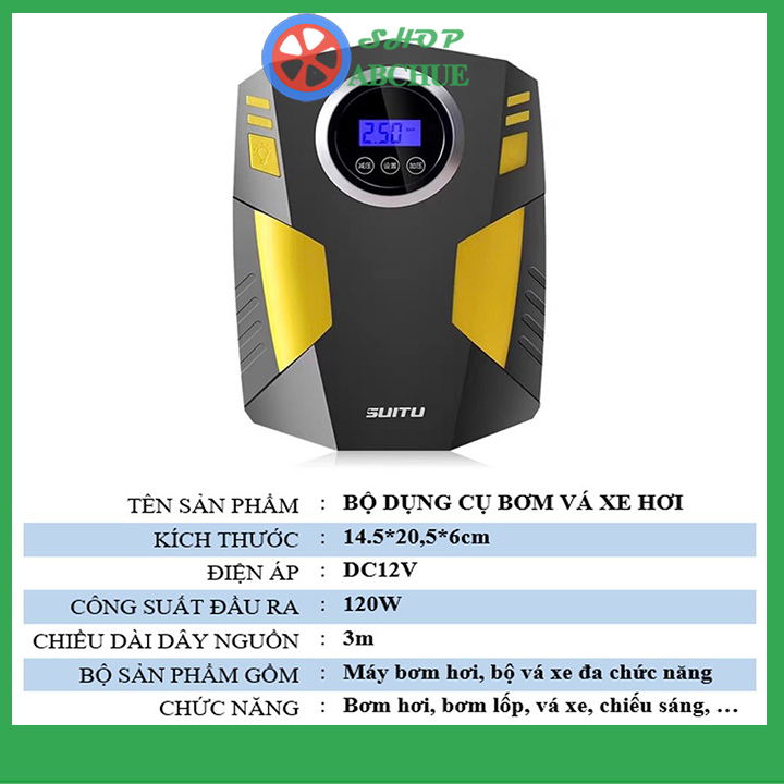 Bơm Lốp Ô Tô Điện Tử Tự Ngắt SUITU ST-5002 Có Đèn Chiếu Cực Sáng, Kèm Hộp Dụng Cụ Vá Đa Năng CarZone.Top