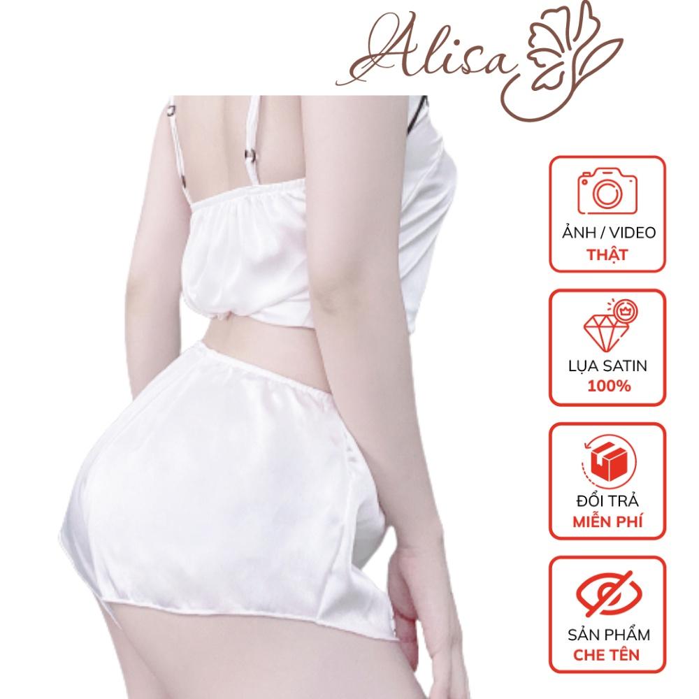 Đồ ngủ sexy quần đùi nữ lưng thun ALISA, chất liệu lụa satin mềm mịn mát, freesize 40-60kg tùy chiều cao