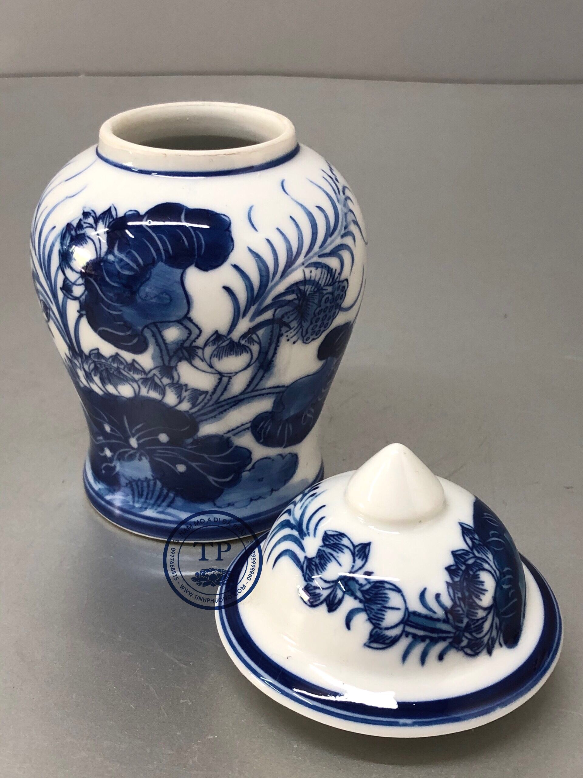 Hũ đựng gạo muối nước thờ, mẫu hoa sen trắng, gốm TỊNH PHƯƠNG cao cấp KH12104