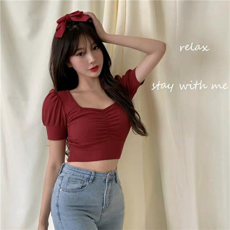 Áo croptop,Áo croptop nữ, tay phồng ngắn cổ vuông nhún ngực thời trang dễ phối đồ giá rẻ ACN001