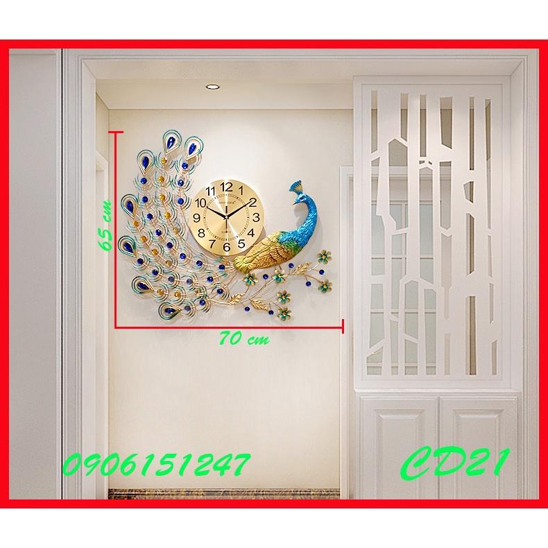 Đồng hồ treo tường trang trí decor chim công CD21 Khổng Tước xanh kích thước 70 x 65 cm