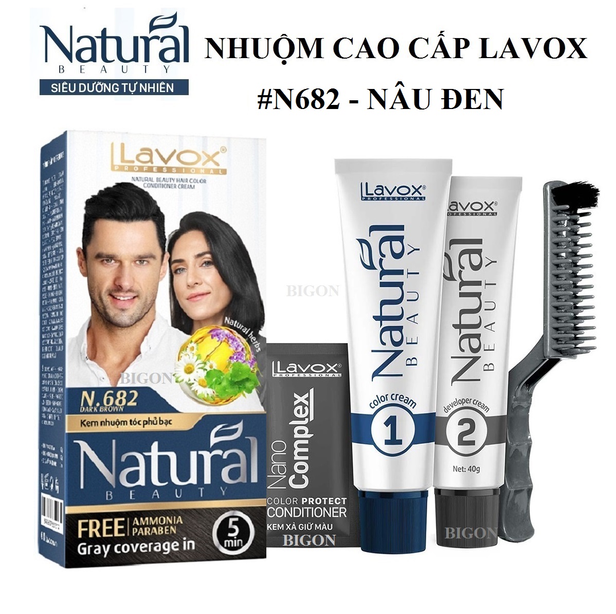 Kem Nhuộm Phủ Bạc Cao Cấp Siêu Dưỡng, Tự Nhiên Lavox - N.682 Dark Brown
