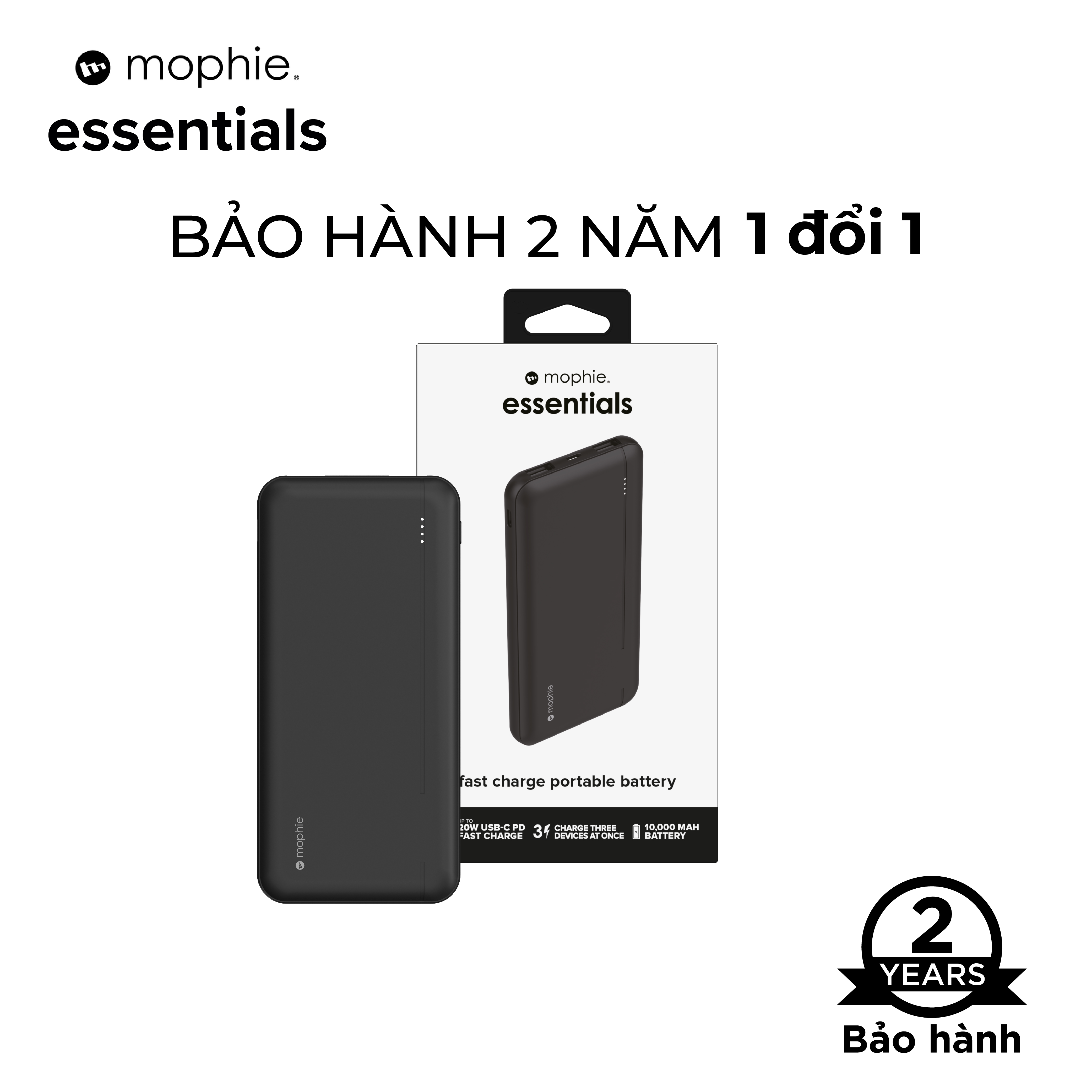 Sạc dự phòng Mophie Essentials 10.000mAh/3.7V PD20W 2 USB-A 1 USB-C, bảo hành 12 tháng - Hàng chính hãng