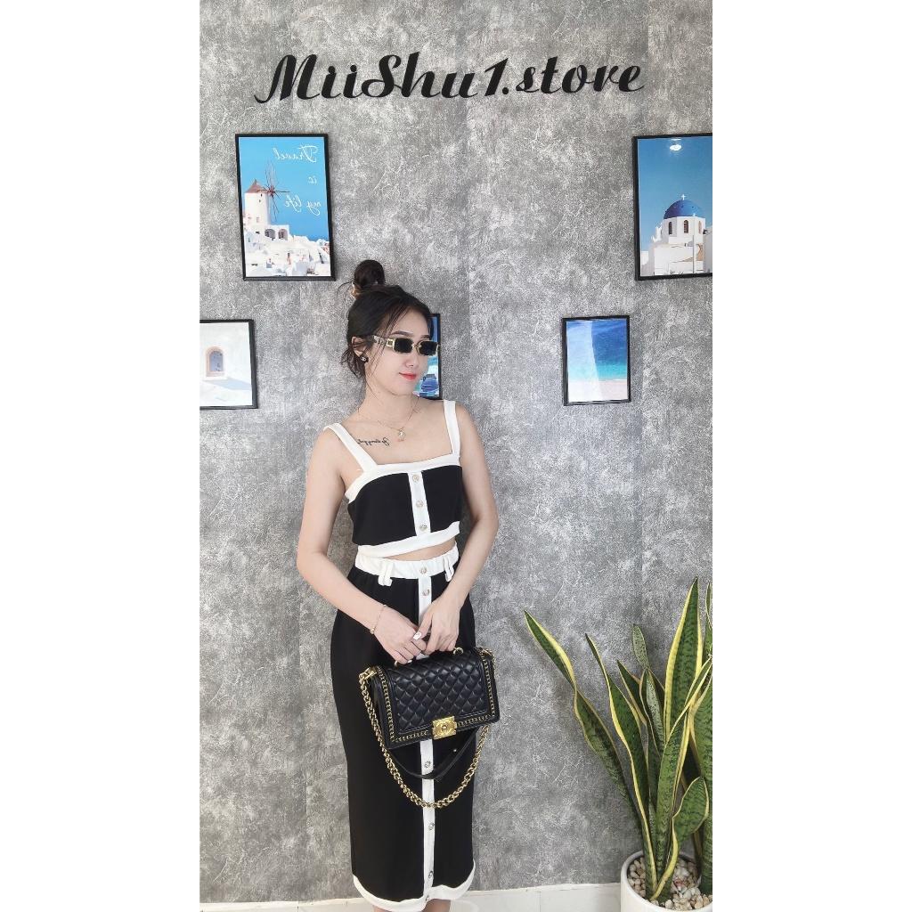 Set Bộ đồ hai mảnh nữ Tương phản áo hai dây kèm chân váy dài ôm body thanh lịch