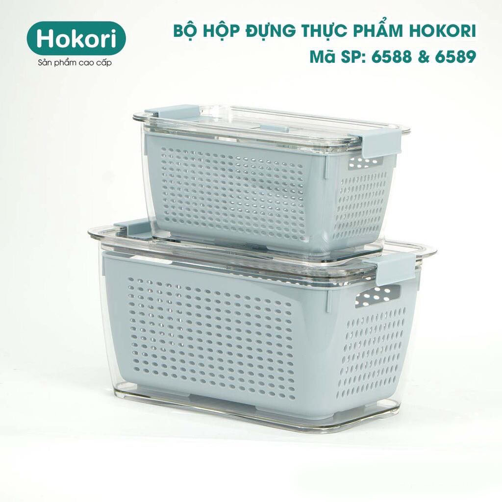 Bộ 2 hộp Hokori để và bảo quản thực phẩm trong tủ lạnh luôn tươi ngon thiết kế 2 lớp, bên trong là rổ, bên ngoài là hoojpj trong suốt, có nắp kín