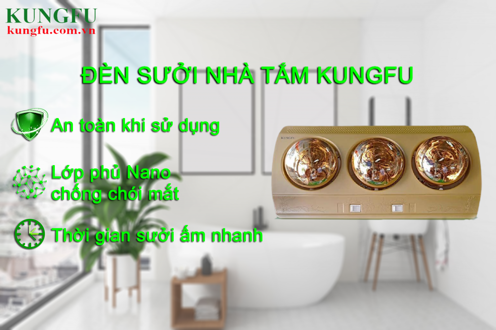 Đèn sưởi nhà tắm Đèn sưởi treo tường Hàng chính hãng Kungfu 3 bóng KF-DS3 Công nghệ chiếu sáng hồng ngoại an toàn, chống chói