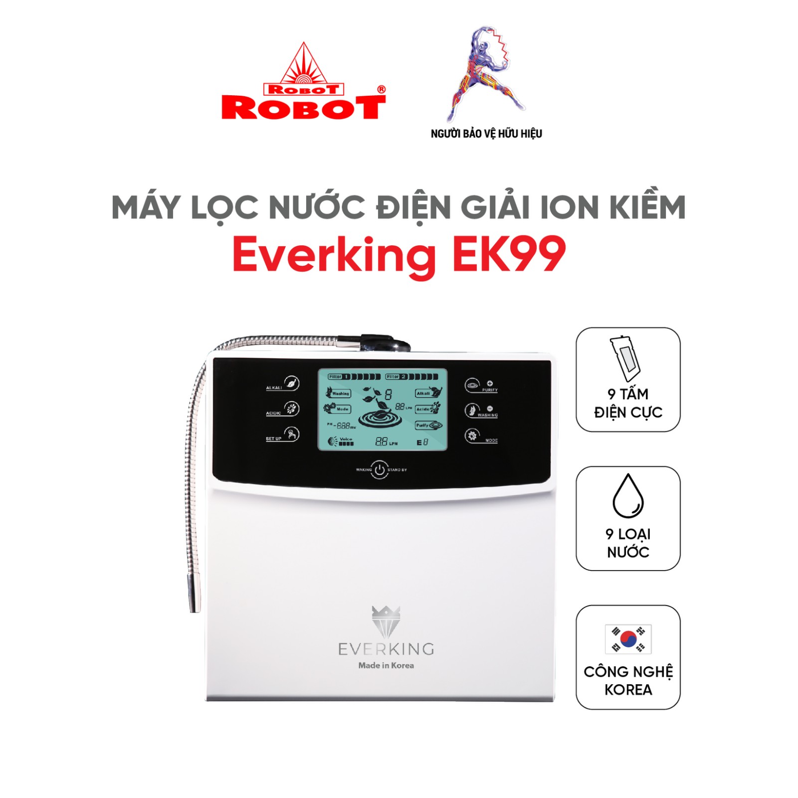 Máy Lọc Nước Điện Giải EVERKING EK-99 Made In Korea - 9 Tấm Điện Cực Titanium Phủ Platinum - Hàng Nhập Khẩu