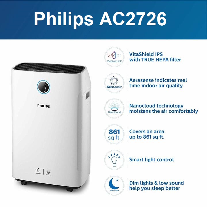 Máy lọc không khí 2 trong 1 cao cấp nhãn hiệu Philips Series 3000 AC2726/00 kèm chức năng tạo độ ẩm, loại bỏ 99,97% các chất ô nhiễm trong không khí, diện tích làm sạch 40m2