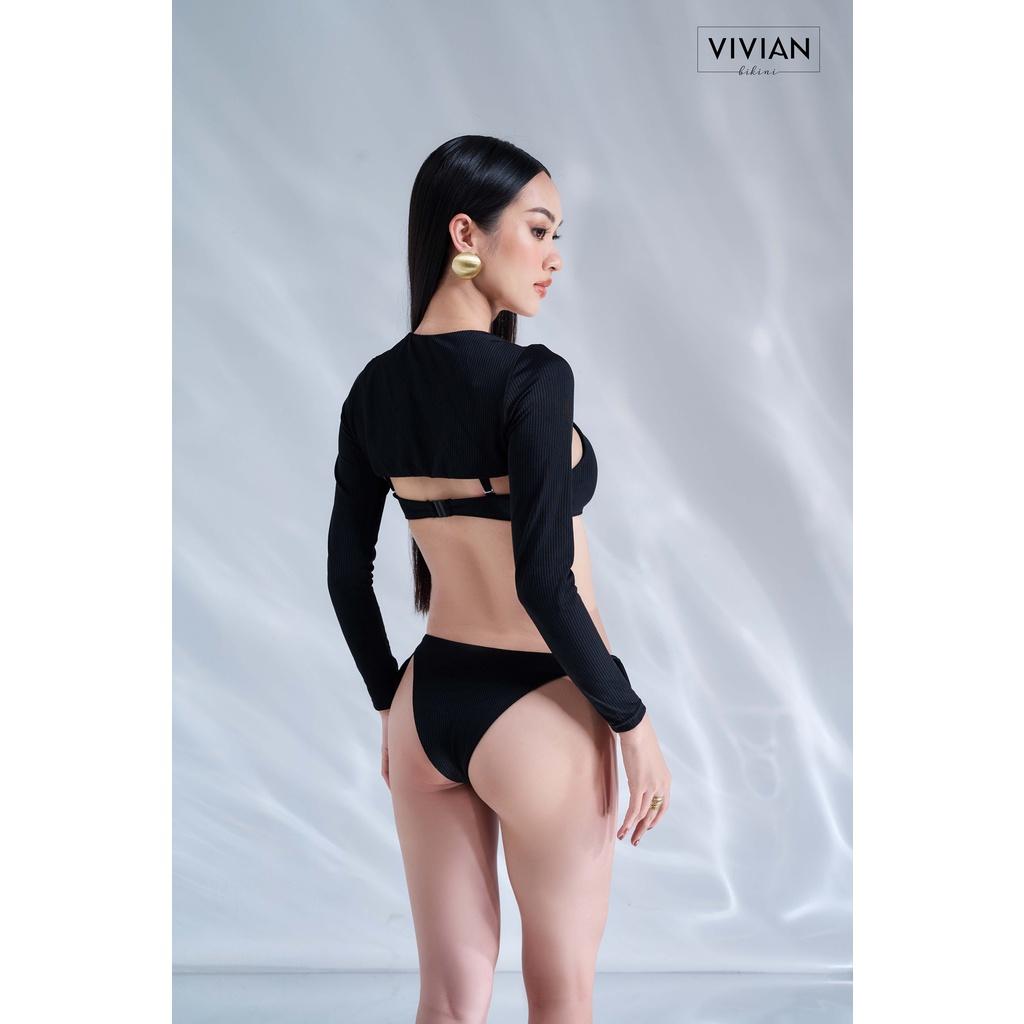 Đồ bơi nữ cao cấp dạng hai mảnh áo chữ U phối áo cover tay dài sexy - Đen - VS180_BL