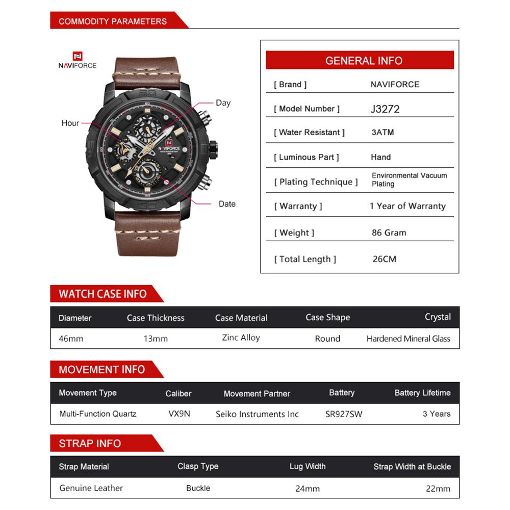 Đồng hồ thạch anh NAVIFORCE NF9139 dây da sáng,kim đồng hồ kỹ thuật số hiển thị giờ không thấm nước - Vàng hồng