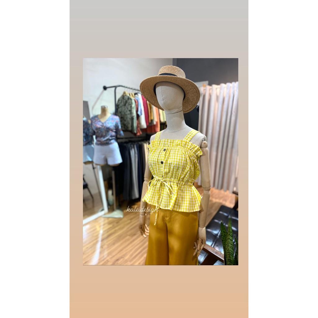 Áo 2 dây rút eo caro yellow- caro gree