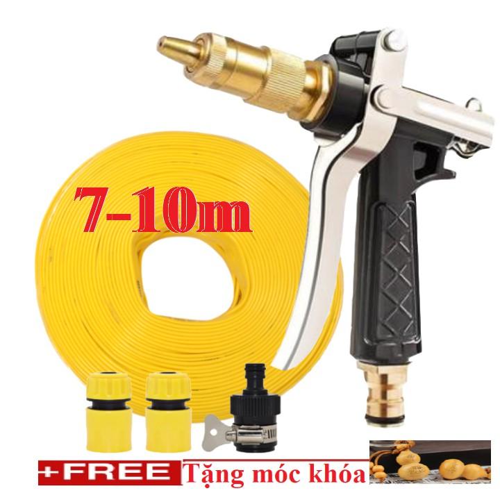 Bộ dây vòi xịt nước rửa xe,tưới cây đa năng, tăng áp 3 lần,loại 7m,10m 206236 đầu đồng, cút,nối nhựa đen+ tặng móc khoá