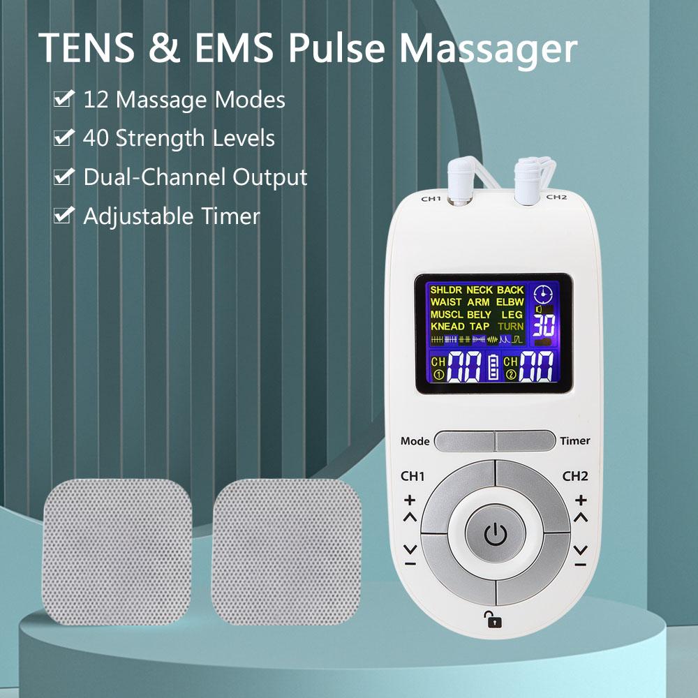 Dual-Channel TENS&EMS Device Pulse Massager Muscle Stimulator Unit 12 Massage Modes 40 Strength Levels Adjustable Timer